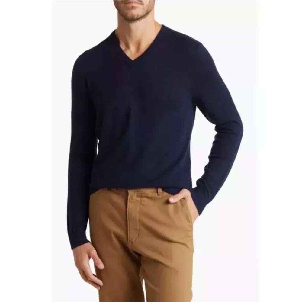 Brooks Brothers V Neck Wool Spandex Stretch Sweater M Navy  L Prof Dry Cleaned